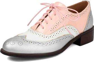 Generic Womens Wingtip Oxfords Two-Tone Brogue Shoes with Low Block Heel for Business and Daily Wear Comfort Fit Design Multiple Colors,Pink,6.5 UK