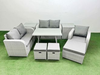 Fimous 8 Seater Rattan Garden Furniture Sets Love Sofa Reclining Chair Set in Light Grey