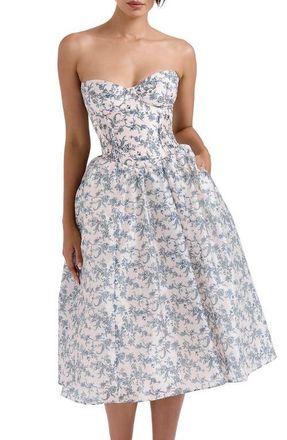 House of CB Bennett Corset Strapless Fit & Flare Cocktail Dress in Navy Cream Floral at Nordstrom, Size X-Small A