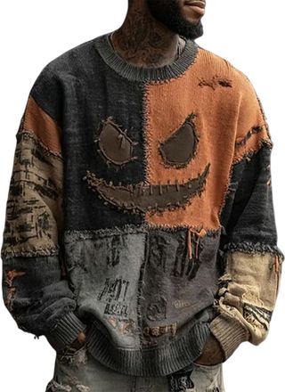 Generic Mens Halloween Sweatshirts 2025 Spooky Pumpkin Face Patchwork Sweater Retro Stitched Pullover Long Sleeve Holiday Costumes, Z01-Black, M