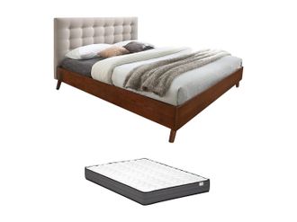 Vente-Unique Cama 180 x 200 cm cabecero capiton&eacute; - Tela - Beige + colch&oacute;n - FRANCESCO
