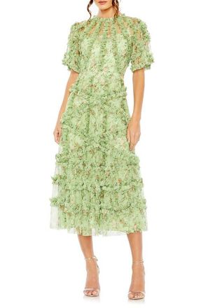 Mac Duggal Floral Flutter Sleeve Mesh Print Dress in Sage Multi at Nordstrom, Size 18