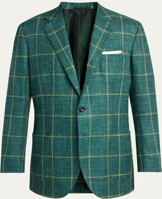 Kiton Mens Windowpane Check Single-Breasted Sport Coat