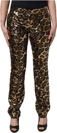 Dolce & Gabbana Gouden Luipaard Pailletten Rechte Broek - Dames - Slim Fit Broeken - Geel - M - Pailletten - Broeken