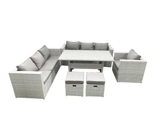 Fimous 6 Pieces Outdoor Rattan Sofa Set with Cushions Patio Garden Furniture Sets with Armchair Dining Table 2 Small Footstools in Light Grey