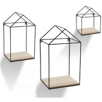 Trade Shop Trade Shop - 3pz Mensole Parete Casa Bacheca Mensola Legno Sospesa Metallo Nero H20/32/40cm 751653