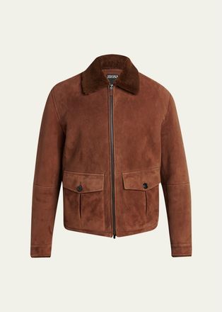 Ermenegildo Zegna Mens Suede Short Shearling-Collar Aviator Jacket