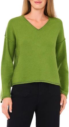 Vince Camuto Contrast Detail V-Neck Sweater in Salted Lime Cozy at Nordstrom, Size Xx-Small