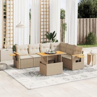 vidaXL Vidaxl - Set Sof&aacute;s De Jard&iacute;n 7 Piezas Y Cojines Rat&aacute;n Sint&eacute;tico Beige