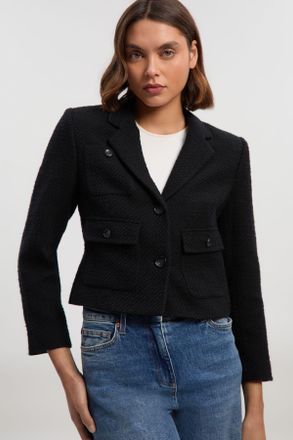 Karen Millen Womens Petite Textured Tweed Cropped Tailored Jacket - Black Cotton - Size 16 UK
