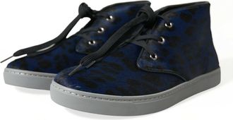 Dolce & Gabbana Mens Blue Calfskin Leopard Mid Top Sneakers Shoes Calf Leather Hair