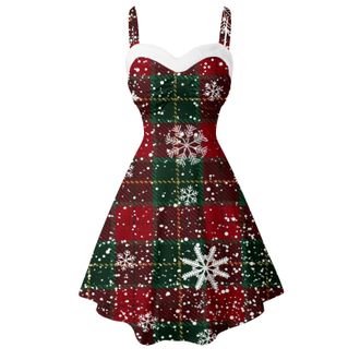 Generic Womens Elegant Christmas Dress with Spaghetti Straps Christmas Dresses Funny Christmas Motif Party Dress Rockabilly Vintage A-line Classic Christmas C