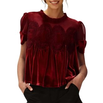 Generic Christmas Tops for Women UK Womens Velvet Lace Tops Casual Puff Short Sleeve Babydoll Shirts Flared Swing Blouse Ruffle Hem Patchwork Peplum Sweatshir