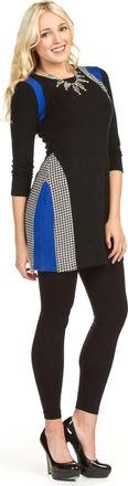 Papillon Color Block Houndstooth 3/4 Sleeve Dress In Black