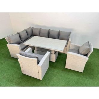 Fimous Fimous 8 Seat Rattan Outdoor Garden Furniture Corner Sofa Set Adjustable Lifting Dining or Coffee Table Set with 2 Armchairs Light Grey