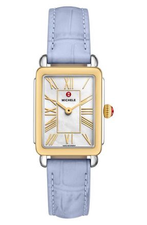 Michele Deco Park Two-Tone Mother-of-Pearl Tank Leather Strap Watch, 23mm x 29mm in Blue at Nordstrom