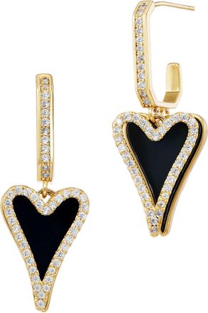 Savvy Cie Jewels GOLD PLATED OVER BRASS BLACK ENAMEL HEART DROP HOOP EARRINGS