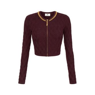 Elisabetta Franchi Cardigans, female, Brown, L, Diamond-knit Cardigan with Jewel Detail
