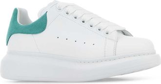 Alexander McQueen Womens White Leather Sneakers With Sea Green Suede Heel Whitepeacock
