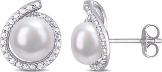 Amour 8-8.5mm Freshwater Cultured Pearl and Diamond Accent Halo Stud Earrings In Sterling Silver