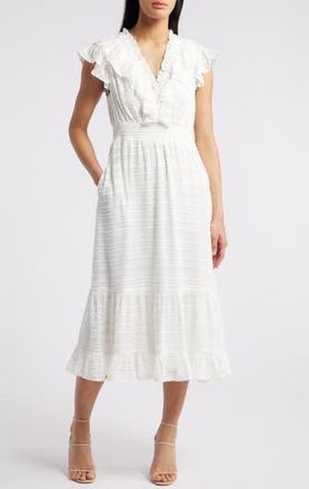 Chelsea28 Ruffle Detail Textured Stripe Dress in White at Nordstrom Rack, Size Large