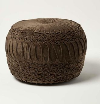 Homescapes Sofia Pleated Velvet Chocolate Brown Pouffe - Homescapes