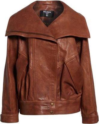 Balmain High Collar Leather Bomber Jacket in 8Eh Brown at Nordstrom, Size 4 Us