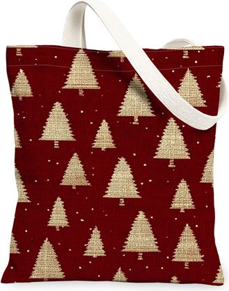 Generic Christmas Tree Floral Canvas Tote Bags, Vintage Rustic Holiday Design Reusable Shopping Bags, Lightweight Washable Shoulder, Red, 13x15 Inch
