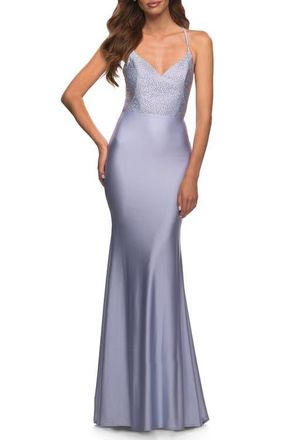 La Femme Jersey Dress with Rhinestone Beaded Top and V Neck in Light Periwinkle at Nordstrom, Size 14