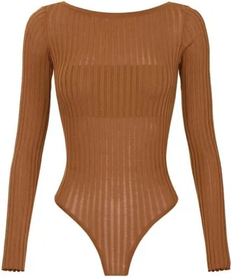 Elisabetta Franchi Tops, Dames, Bruin, S, Polyester, Bodysuit van gebreide, transparante stof