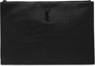 Saint Laurent Pre-owned Womens Croc Embossed Leather Monogram Clutch - Black - One Size