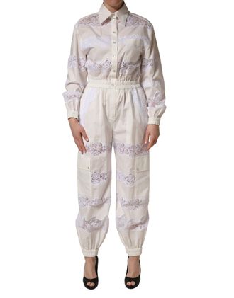 Dolce & Gabbana Womens White Cotton Lace Trim Long Sleeves Jumpsuit Nylon Polyester