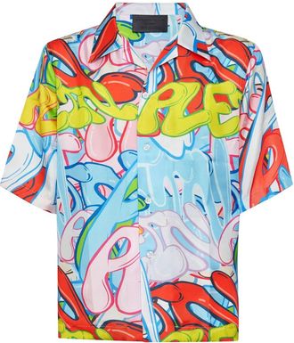 Philipp Plein Silk Shirt SS Bombing Graffiti - Heren - Korte mouwen Overhemden - Veelkleurig - S - Overhemden