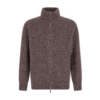 Brunello Cucinelli Cardigan in Lana Vergine- Seta e Cashmere Chin&eacute; con Zip - - Knitwear - Uomo - Marrone - L