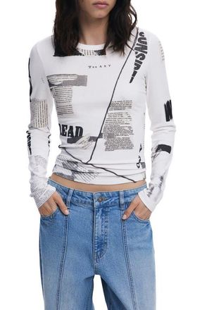 Desigual Mixed Print Long Sleeve Knit Top in White/Beige Multi at Nordstrom, Size Large