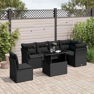 vidaXL Set De Sof&aacute;s De Jard&iacute;n 7 Pzas Con Cojines Rat&aacute;n Sint&eacute;tico Negro Vidaxl