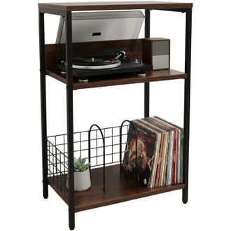 Relaxdays Relaxdays Turntable Stand, 3 Levels, Dividers, 65x40x30 cm, Iron/MDF, Record Shelf, Brown/Black