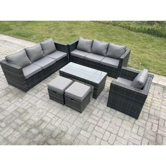 Fimous Fimous Outdoor Rattan Garden Furniture Lounge Sofa Set With Oblong Rectagular Coffee Table Arm Chair 2 Stools