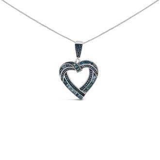 House of Brilliance 925 Sterling Silver 1.00 Cttw Baguette and Round Blue Diamond Open Heart Pendant Necklace