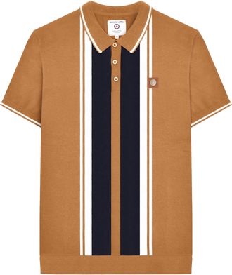 Lambretta Heren Greco Gestreept Gebreid Poloshirt met Korte Mouwen (Tabak)