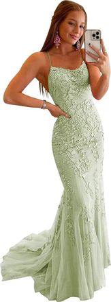 Generic Womens Sweet Tulle Evening Dress Lace Applique Mermaid Prom Gowns Long Spaghetti Strap Floor Length Formal Party Dress Sage Green