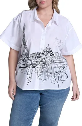 Karl Lagerfeld Paris Scene Cotton Poplin Button-Up Shirt in White at Nordstrom, Size 1X