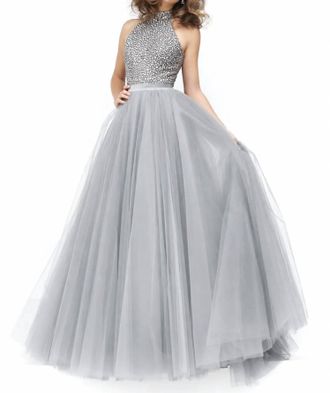 Sherri Hill Beaded Tulle Ball Gown In Silver