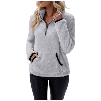 Generic Ladies Fleece Jackets, Sherpa Fleece Jumper for Women 1/4 Zip Fluffy Pullover Long Sleeve Teddy Sweatshirts Autumn Winter Outfits Plain Thermal Warm F