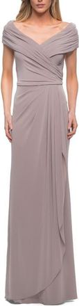 La Femme Ruched Jersey Long Gown with V-Neckline in Silver at Nordstrom, Size 20