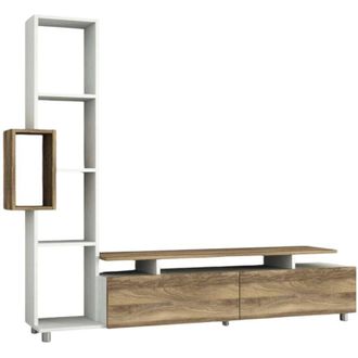 Dmora Parete attrezzata Biskek, Composizione soggiorno, Mobile salotto multiuso, Armadio porta tv, 160x30 h167 cm, Bianco e Noce - Dmora