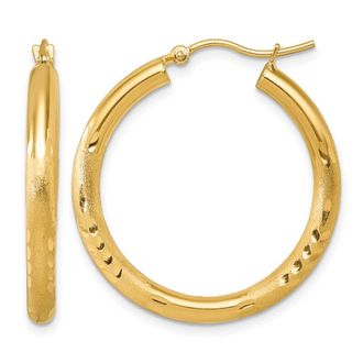 Diamond2Deal 14k Yellow Gold Satin & Diamond-cut 3x30mm Round Hoop Earrings