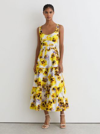 Reiss Yellow Stretch-cotton Floral-print Midi Dress, 18