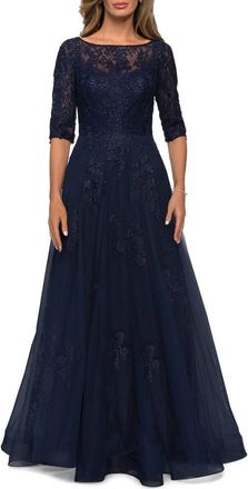 La Femme Lace and Tulle A-line Gown with Three Quarter Sleeves in Navy at Nordstrom, Size 18
