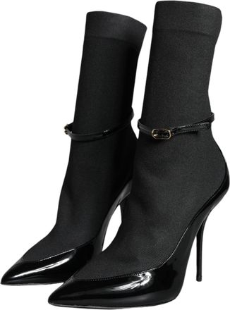 Dolce & Gabbana Womens Black Leather Stilettos Booties Socks Shoes Patent